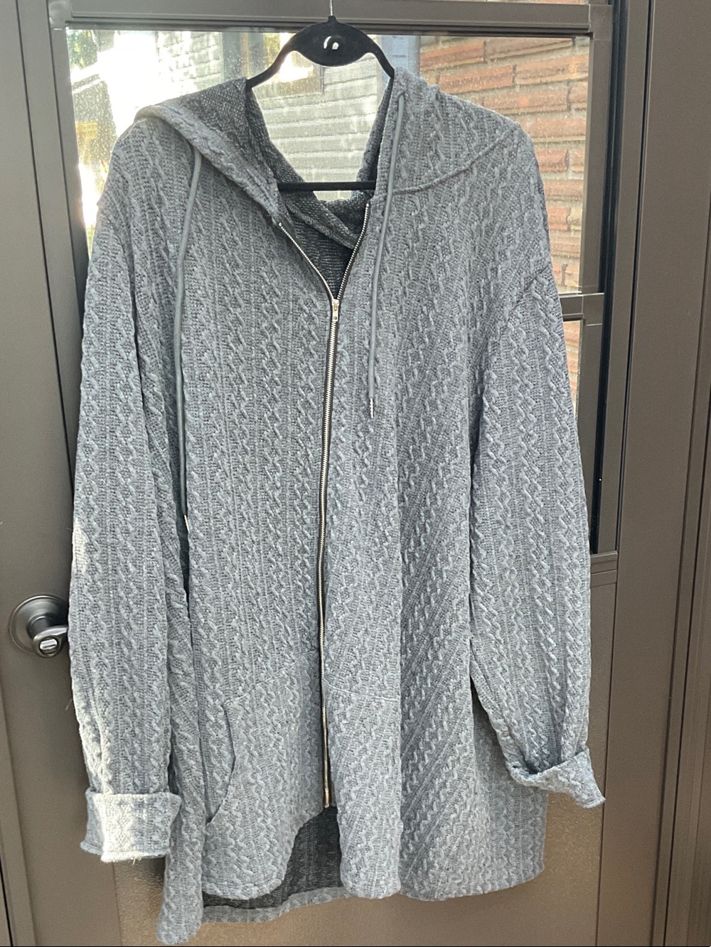 BloomChic Light Gray Cable-Knit Hooded Zip Cardigan